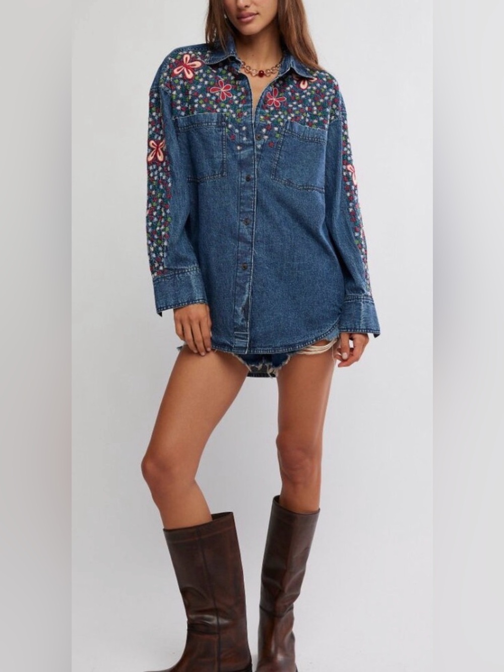 Free People Colorful Embroidered Denim Shirt